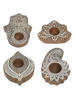 Amaya Decors - Beige & White Mango wood Tealight Holder Set of 4