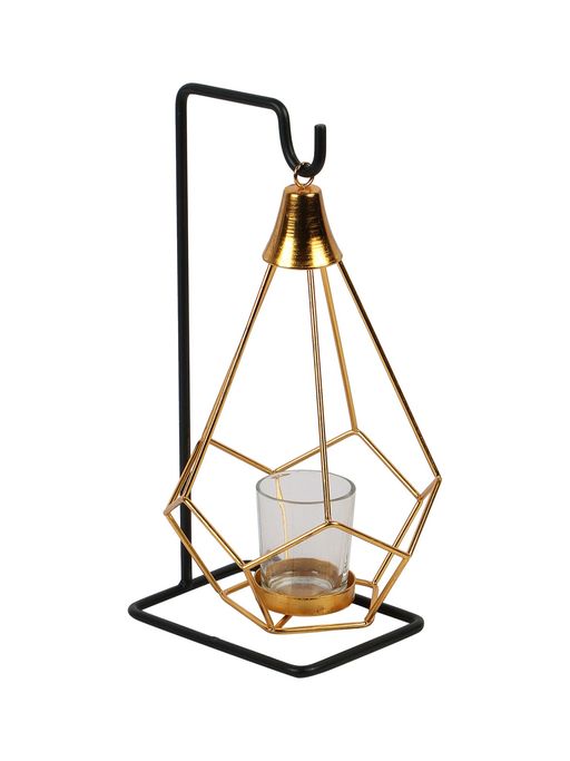 Amaya Decors Gold & Black Diamond Pendulum Tealight Holder with Glass