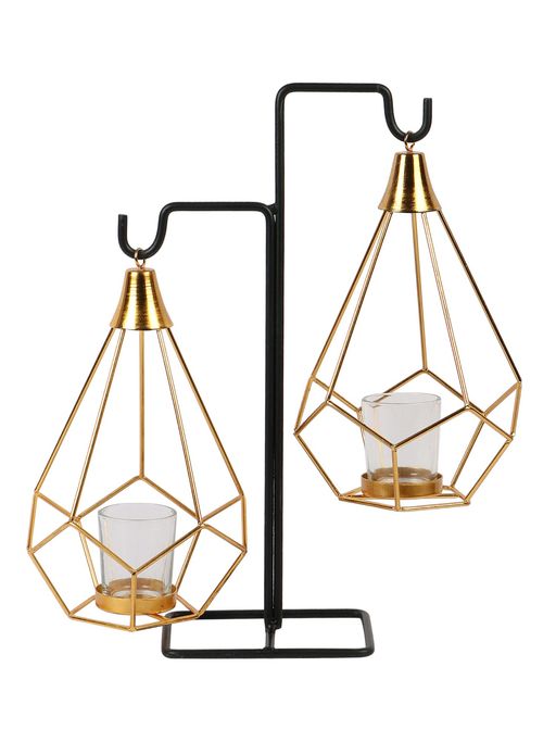 Amaya Decors Gold Double Diamond Pendulum Tealight Holder with Glass