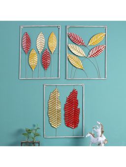Amaya Decors - Red , Yellow & Gold Rectangular Leaves Wall Decor Set of 3