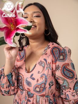 Twenty Dresses by Nykaa Fashion - Curve Pink Printed V Neck Knee Length Dress