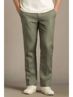 Louis Philippe - Men Olive Textured Flat Front Casual Trouser