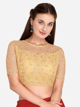 Amrutam Fab - Womens Embroidered & Sequences Work Beige Net Stiched Blouse With Boat Neck