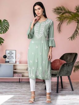 Seva Chikan - Hand Embroidered Sage Green Cotton Lucknowi Chikankari Kurta