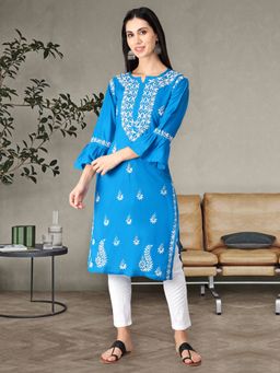 Seva Chikan - Hand Embroidered Firozi Blue Cotton Lucknowi Chikankari Kurta