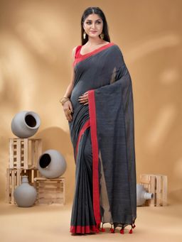 DESH BIDESH - Women Grey Pure Cotton Solid Saree without Blouse