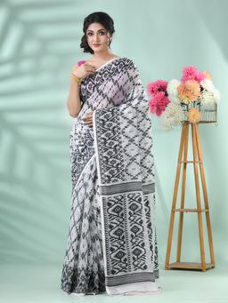 DESH BIDESH - Women Black Cotton Geometric Saree with Unstitched Blouse