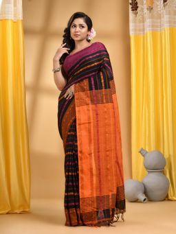 DESH BIDESH - Women Black Cotton Self Design Saree with Unstitched Blouse