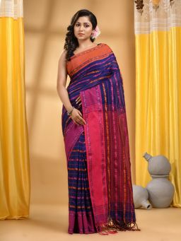 DESH BIDESH - Women Blue Cotton Self Design Saree with Unstitched Blouse