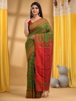 DESH BIDESH - Women Green Cotton Self Design Saree with Unstitched Blouse
