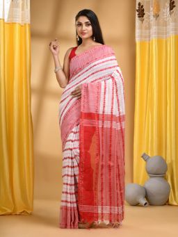 DESH BIDESH - Women Red Cotton Self Design Saree with Unstitched Blouse