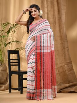 DESH BIDESH - Women White Cotton Self Design Saree with Unstitched Blouse