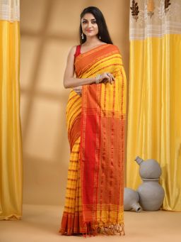 DESH BIDESH - Women Yellow Cotton Self Design Saree with Unstitched Blouse