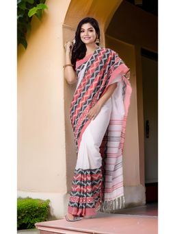 DESH BIDESH - Women White Cotton Geometric Saree with Unstitched Blouse
