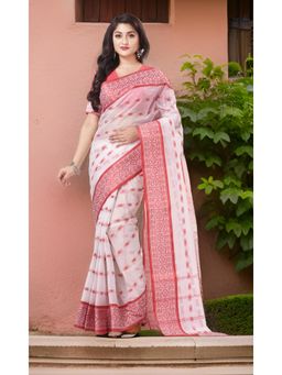 DESH BIDESH - Women White Pure Cotton Self Design Saree without Blouse