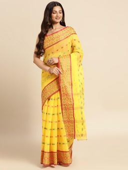 DESH BIDESH - Women Yellow Pure Cotton Self Design Saree without Blouse