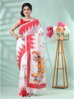 DESH BIDESH - Women Red Pure Cotton Printed Saree with Unstitched Blouse