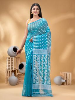 DESH BIDESH - Women Blue Pure Cotton Floral Saree without Blouse