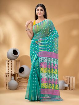 DESH BIDESH - Women Green Pure Cotton Floral Saree without Blouse