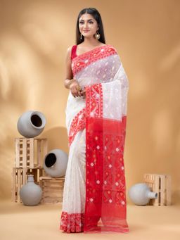 DESH BIDESH - Women White Pure Cotton Self Design Saree without Blouse
