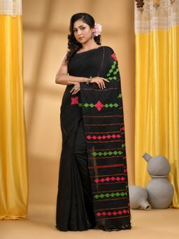 DESH BIDESH - Women Black Cotton Embroidered Saree with Unstitched Blouse
