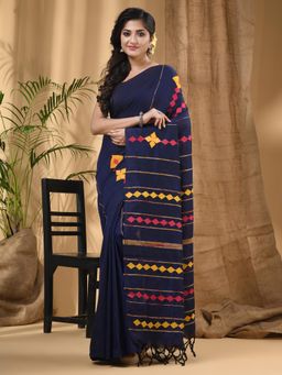 DESH BIDESH - Women Blue Cotton Embroidered Saree with Unstitched Blouse