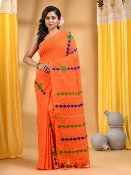 DESH BIDESH - Women Orange Cotton Embroidered Saree with Unstitched Blouse