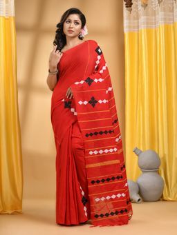 DESH BIDESH - Women Red Cotton Embroidered Saree with Unstitched Blouse