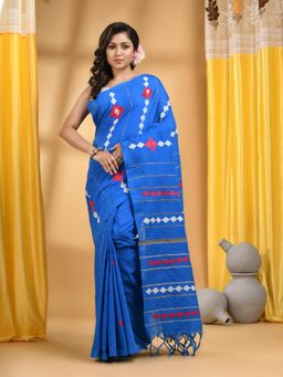 DESH BIDESH - Women Blue Cotton Embroidered Saree with Unstitched Blouse