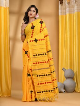 DESH BIDESH - Women Yellow Cotton Embroidered Saree with Unstitched Blouse