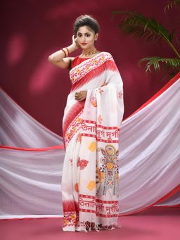 DESH BIDESH - Women Red Pure Cotton Printed Saree with Unstitched Blouse