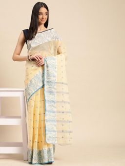 DESH BIDESH - Women Cream Pure Cotton Floral Saree without Blouse