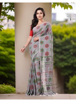 DESH BIDESH - Women Grey Pure Cotton Floral Saree with Unstitched Blouse