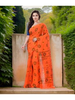 DESH BIDESH - Women Orange Pure Cotton Floral Saree with Unstitched Blouse