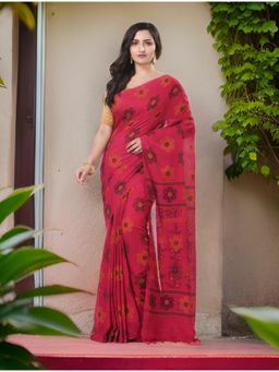 DESH BIDESH - Women Magenta Pure Cotton Floral Saree with Unstitched Blouse