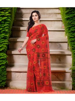 DESH BIDESH - Women Red Pure Cotton Floral Saree with Unstitched Blouse