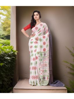 DESH BIDESH - Women White Pure Cotton Floral Saree with Unstitched Blouse