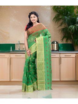 DESH BIDESH - Women Green Pure Cotton Woven Saree without Blouse