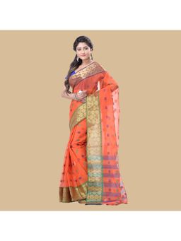 DESH BIDESH - Women Orange Pure Cotton Woven Saree without Blouse
