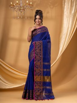 DESH BIDESH - Women Blue Cotton Silk Floral Saree with Unstitched Blouse
