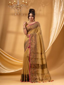 DESH BIDESH - Women Beige Cotton Silk Floral Saree with Unstitched Blouse