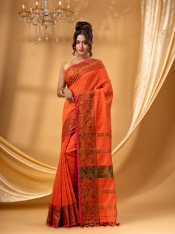 DESH BIDESH - Women Orange Cotton Silk Floral Saree with Unstitched Blouse