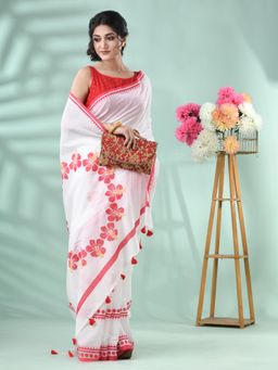 DESH BIDESH - Women Red Cotton Floral Saree with Unstitched Blouse