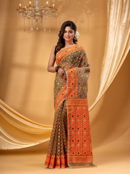DESH BIDESH - Women Olive Pure Cotton Woven Saree without Blouse