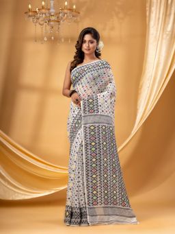 DESH BIDESH - Women White Pure Cotton Woven Saree without Blouse
