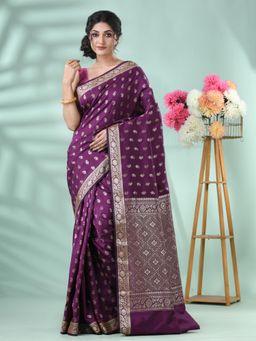 DESH BIDESH - Women Purple Silk Blend Paisley Saree with Unstitched Blouse