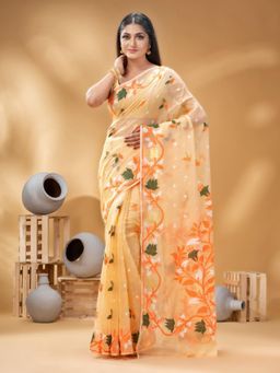 DESH BIDESH - Women Orange Pure Cotton Floral Saree without Blouse