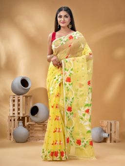 DESH BIDESH - Women Yellow Pure Cotton Floral Saree without Blouse