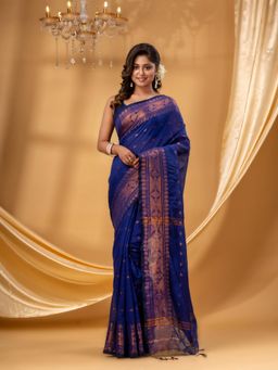 DESH BIDESH - Women Blue Cotton Silk Self Design Saree with Unstitched Blouse