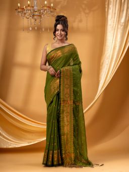 DESH BIDESH - Women Green Cotton Silk Self Design Saree with Unstitched Blouse